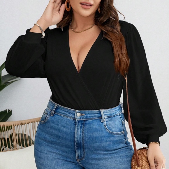 Plus Plunging Neck Surplice Long Sleeve Bodysuit - Picture 1 of 9